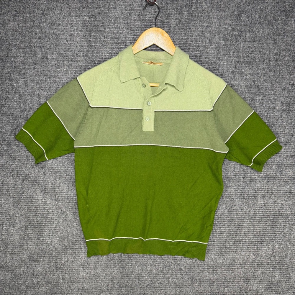 Vintage 60s Duke Green Striped Knit Polo Shirt Mens Medium Acrylic Sweater